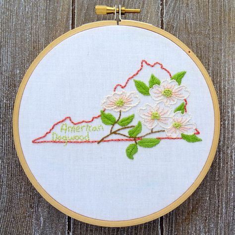 Virginia State Flower Hand Embroidery Patten {American Dogwood} Dogwood Flower Embroidery, Dogwood Embroidery, Virginia Embroidery, Virginia State Flower, Flower Hand Embroidery, Roses Embroidery, Silk Ribbon Embroidery Patterns, Ribbon Embroidery Tutorial, Dorm Art