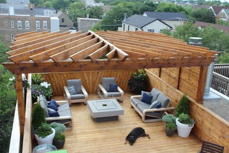 Pergola Rooftop, Rooftop Deck Ideas, 2nd Floor Deck, House Without Walls, Chicago Rooftop, Roof Top Deck, Deck Pergola, City Rooftop, Garage Roof