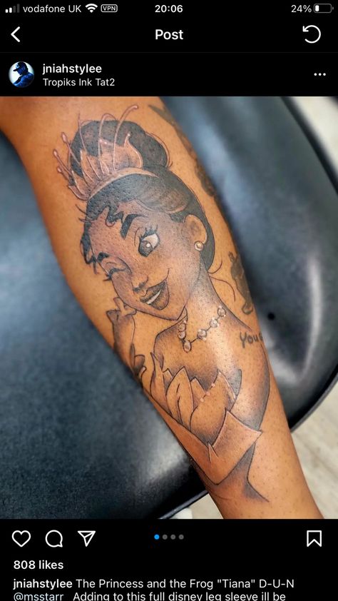 Tiana Tattoo Ideas, Princess Tiana Tattoo Ideas, Rod Wave Tattoo Ideas, Princess Tiana Tattoo, Tiana Tattoo, Princess And The Frog Tattoo, Body Poetry, Wave Collage, Disney Stitch Tattoo