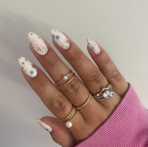 Croatia Nails, Evil Eye Nails Design, Greece Nails, Evil Eye Nails, Eye Nail Art, Milky Nails, 2024 Nails, Eye Nails, Round Nails