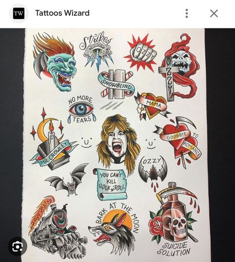 Punk Rock Tattoos, Ozzy Tattoo, Traditional Tattoo Flash Sheets, Traditional Tattoo Flash Art, Hip Thigh Tattoos, Rock Tattoo, Nyc Tattoo, Funky Tattoos, Band Tattoo Designs