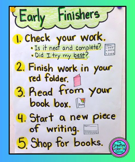 The Creative Colorful Classroom: Early Finishers. CREATE A FOLDER OF THINGS TO DO... Colorful Classroom, Finish Work, Classroom Anchor Charts, Class Organization, English Classroom, Beginning Of The School Year, Classroom Rules, Anchor Chart, Early Finishers