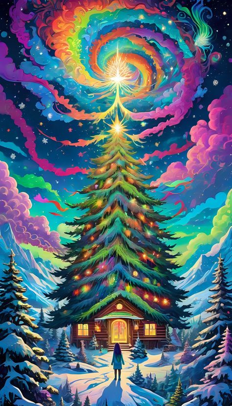 Nerdy Christmas, Trippy Aesthetic, Colourful Wallpaper, Trippy Designs, Tree Magic, Christmas Memes, Christmas Wallpaper Backgrounds, Christmas Scenery, Rainbows Christmas