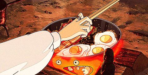 Howl's bacon and eggs - yum, lovely thick slices of bacon. Studio Ghibli Food GIFs Will Make You Hungry 하울의 움직이는 성, Howl And Sophie, Howl's Moving Castle, Studio Ghibli Movies, Anime Gifs, Studio Ghibli Art, Ghibli Movies, Ghibli Art, Howls Moving Castle