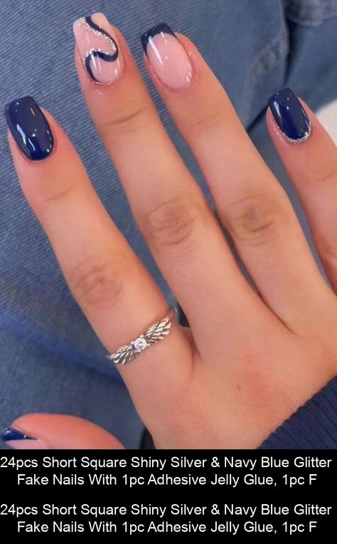 24pcs Short Square Shiny Silver & Navy Blue Glitter Fake Nails With 1pc Adhesive Jelly Glue, 1pc F Negative Space Nails Square, Navy Blue Square Acrylic Nails, Back To School Nails Square, Navy Nail Ideas, Hoco Outfits, Sapphire Nails, Prom Planning, Blue And Silver Nails, Hoco Nails