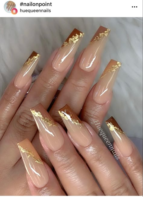 Gold Foil Nails Coffin, Brown Nails With Gold Flakes, Brown And Gold Nails Designs, Gold Flakes Nails, Nails Gold Flakes, Gold Flake Nails, Gold Foil Nails, Copper Nails, Nail Goals