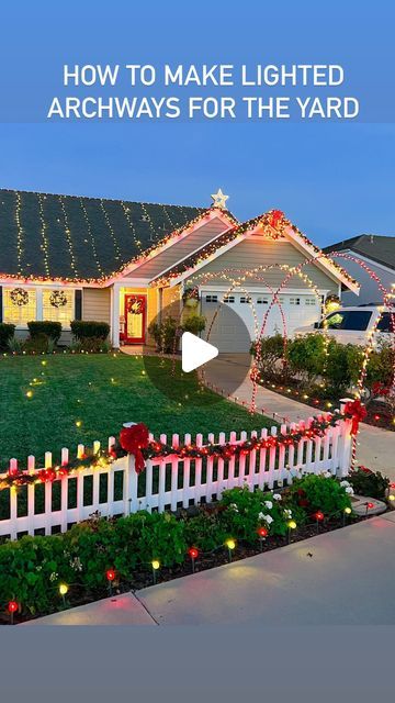 JennyRose / 📍Orange County, Ca. on Instagram: "How to make lighted archways for the yard… . 1️⃣ Purchase 1/2” PVC pipe & connectors 2️⃣ Purchase rebar stakes & shove into grass (or dirt) 3️⃣ Wrap pipe with red duct tape (optional) & lights 4️⃣ Connect everything & plug in to see the magic!✨ . What do you think? Would you give it a try? . Thanks @pc2firedad for making our home look so incredible. Love you!😘" Diy Lighted Archway, Christmas Archway Outdoor Diy, Pvc Pipe Christmas Decorations, Pvc Pipe Connectors, Christmas Arch, Pipe Connectors, Outdoor Christmas Lights, Pvc Pipe, Duct Tape