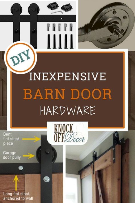 If you're making a DIY barn door, then you're going to want some cheap hardware to go with it! This post tells you the easy way to get your rail, roller and fasteners to hang your barn door inexpensively with some DIY hardware that functions just as well as the pricey stuff! #diyhomedecor, #rustichomedecor, #barndoor Cheap Barn Door Hardware, Barn Door Diy, Cheap Barn Doors, Pallet Barn, Barn Door Hinges, Diy Barn Door Hardware, Diy Sliding Barn Door, Wood Barn Door, Diy Barn