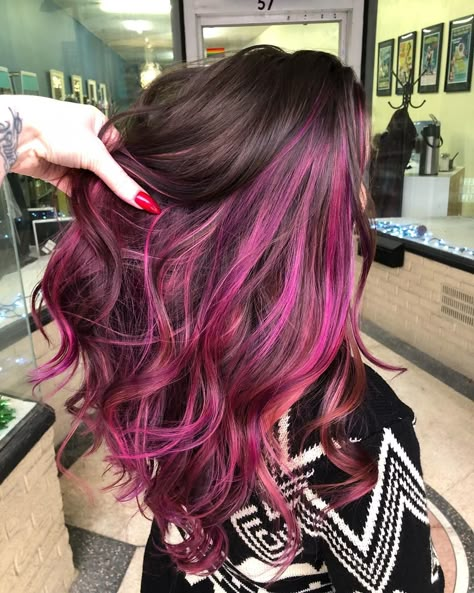 Peekaboo Hair Color Brunettes Pink, Magenta And Brown Hair, Magenta Peekaboo Hair, Pink Balayage Brunette, Peekaboo Balayage, Pink Peekaboo Hair, Pink Hair Streaks, Pink Hair Highlights, Peekaboo Hair Colors