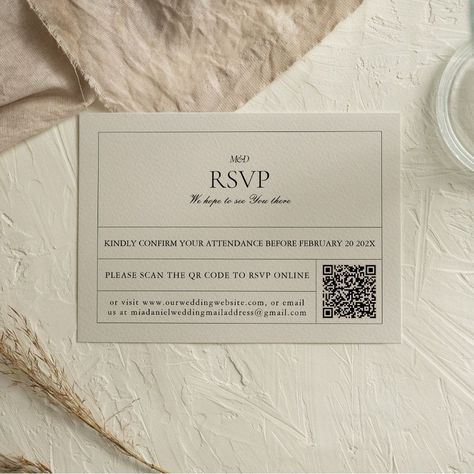 Vintage RSVP card with QR code for easy guest responses. Simple design blends classic charm & modern convenience. Personalize it for your wedding! #vintagewedding #rsvp #qrcode #weddingplanning #simplewedding #weddingideas #rusticwedding Qr Code Wedding Rsvp, Small Classic Wedding, Wedding Invitations With Qr Code, Invitation Card Simple, Wedding Invitations Templates Free, White Stationary, Invitation With Qr Code, Simple Wedding Invitation Card, Wedding Stationary Design