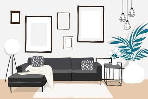 Modern living room interior design with flat design | Free Vector Furniture Background, Interior Design Vector, Furniture Png, Interior Background, Motif Art Deco, Interior Minimalista, Interior Illustration, Exclusive Home, Mid Century Modern Decor