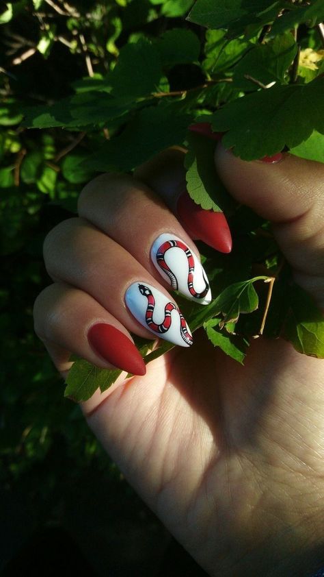 Snake Skin Nails Designs, Snake Nails, Snake Skin Nails, Nails Designs Ideas, Snake Red, Gucci Nails, Red Snake, Airbrush Nails, Simple Gel Nails