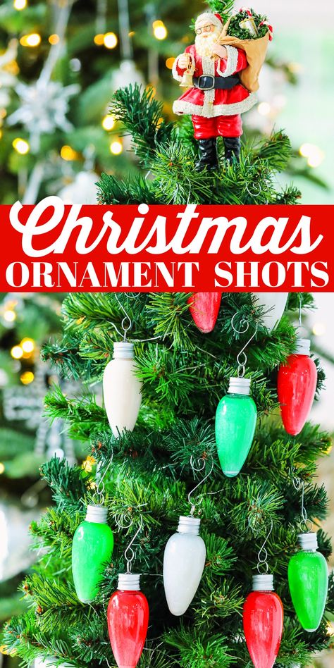 Bright colored red, white and green alcohol shots on a Christmas tree. Christmas Party Ornament Drinks, Jello Shot Christmas Tree, Christmas Tree Shots, Christmas Shot Recipes, Christmas Ornament Shots, Christmas Shots For Adults, Adult Christmas Party Food, Ornament Shots, Christmas Themed Shots