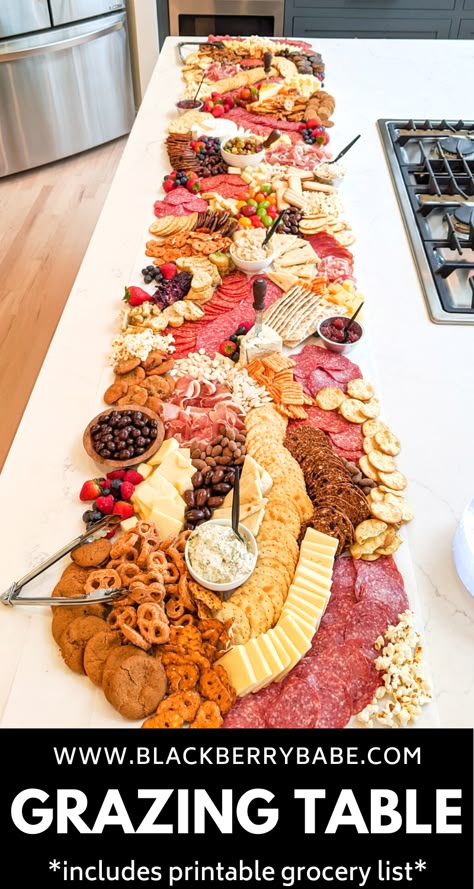 Learn how to make a HUGE charcuterie board for a party! Includes instructions and ingredient list for 40 people. Halve or double it! #charcuterie #grazingtable Charcuterie Board Ideas For Big Party, Charcuterie Boards For A Crowd, Appetizers For 40 People, How To Make A Big Charcuterie Board, Charcuterie Board Rolled Meat, Charcuterie Boards For Large Crowds, Charcuterie Board Ideas On Island, Largest Charcuterie Board, Lunch Meat Charcuterie Board Ideas