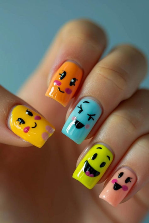 Playful Emoji Nail Art Designs For Short Nails Smiley Nail Art Faces, Smile Nail Art Smiley Faces, Novelty Nails, Smiley Nail Art, Emoji Nail Art, Smile Nails, Beauty And Self Care, Smiley Nails, Smiley Face Nails