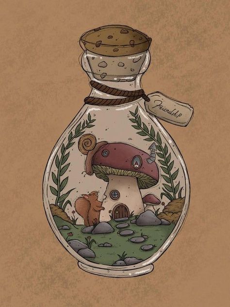 Nature Tattoo Ideas, Bottle Illustration, Cool Nature, Bottle Drawing, Nature Tattoo, Lino Art, Cute Mushroom, Japon Illustration, Mushroom House