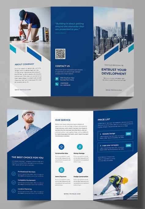 Construction Trifold Brochure Template INDD Construction Trifold Brochure Design, Company Pamphlet Design, Corporate Trifold Brochure Design, Modern Trifold Brochure Design, Brochures Design Ideas, Broucher Ideas Design, Construction Brochure Design, Business Pamphlet, Construction Brochure