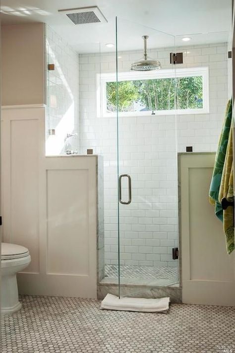 Shower with Window Shower Windows Ideas, Bathroom Windows In Shower, Small Bathroom Window, Bathroom Shower Stalls, Bathroom Window Treatments, Pony Wall, Window In Shower, Bathroom Plans, Bathroom Window