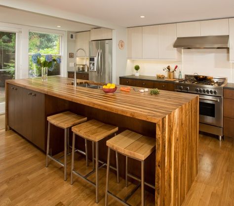 ISLAND | Butcher block waterfall countertop Stainless Countertops, Waterfall Island Kitchen, Waterfall Countertop, Butcher Block Kitchen, White Kitchen Island, Kitchen Open, Countertop Design, Grey Kitchen Cabinets, Butcher Block Countertops