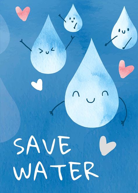 Editable environment poster template vector with save water text in watercolor | premium image by rawpixel.com / Porpla mana Save Water Drawing, Save Water Poster Drawing, Save Water Poster, Rain Illustration, Water Kids, Water Rain, Water Images, Water Illustration, Water Poster