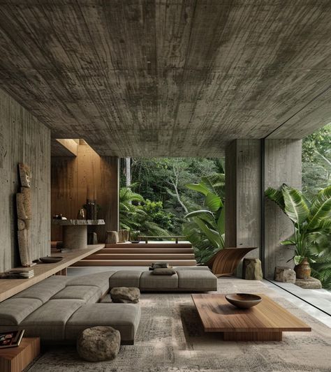 House In Landscape, Brutalist Architecture Interior, Brutalism House, Brutalist Living Room, Tropical Brutalism, Brutalism Interior, Concrete Home Design, Brutalist House, Bali Interior