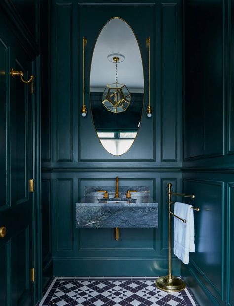 Oceanic Bathroom, Whimsigoth Home, Hotel Chic, Custom Kitchens Design, Downstairs Loo, Downstairs Toilet, Brass Door Handles, Bold Wallpaper, London Flat