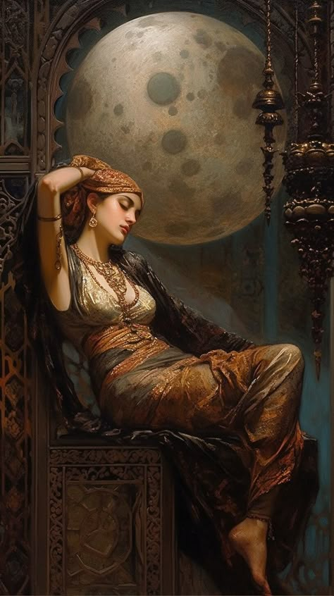 Mystical Woman Art, Middle East Culture, Dragon Artwork Fantasy, Astrology Art, Under The Moon, Woman Sitting, Closed Eyes, Fairytale Art, Witch Art