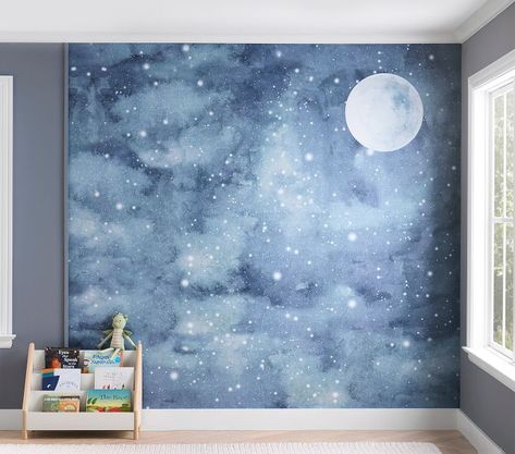 Moon And Stars Baby Nursery, Moon Wall Painting, Night Sky Mural, Night Sky Bedroom, Seagrass Wallpaper, Sky Mural, Boys Bedroom Wallpaper, Boys Room Mural, Sky Nursery