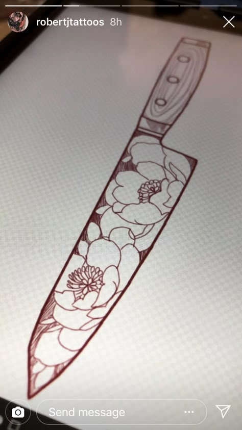 Matching Mulan Tattoos, Knife Tattoo Flower, Floral Knife Tattoo, Flower Knife Tattoo, Knife And Flower Tattoo, Knife With Flowers Tattoo, Chef Knife Tattoo, Knife Tattoo Ideas, Sushi Tattoo