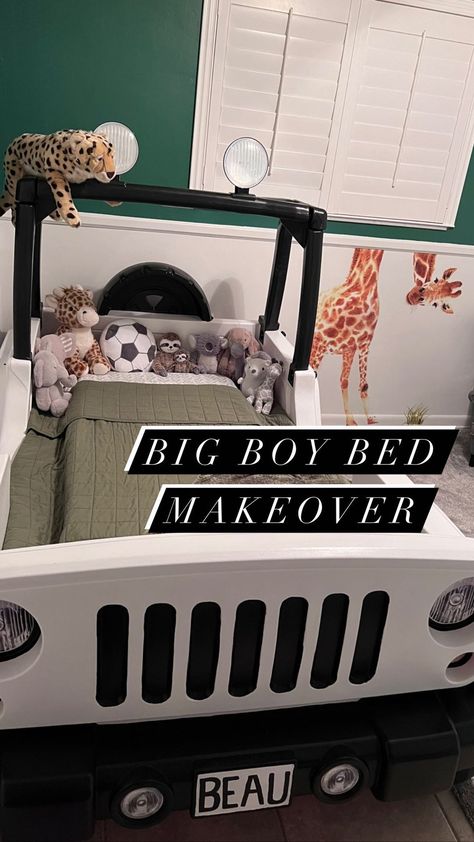 Jeep Bedroom Boy Rooms, Car Bedroom Ideas, Brother Room, Jeep Bed, Custom Bed Frame, Toddler Bed Boy, Race Car Bed, Bed Makeover, Kid Bed