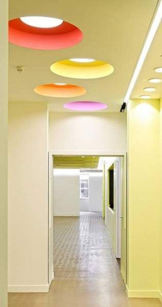 Pop Ceiling Color Designs Pop Art Ceiling Design, Color Block Ceiling, Colourful Ceiling Design, False Ceiling Colour Ideas, Ceiling Colour Ideas, False Ceiling Colour, Ceiling Color Design, Md Cabin, Ceiling Colour