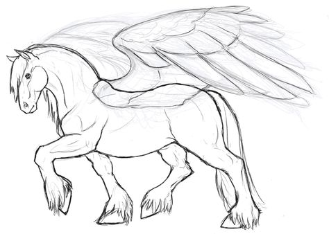 Horse With Wings Drawing, Clydesdale Horse Drawing, Pegasus Wings Drawing, Winged Horse Drawing, Pegasus Reference Drawing, Pegasus Art Drawing, Clydesdale Horses Drawings, Clydesdale Drawing, Pegasus Sketch