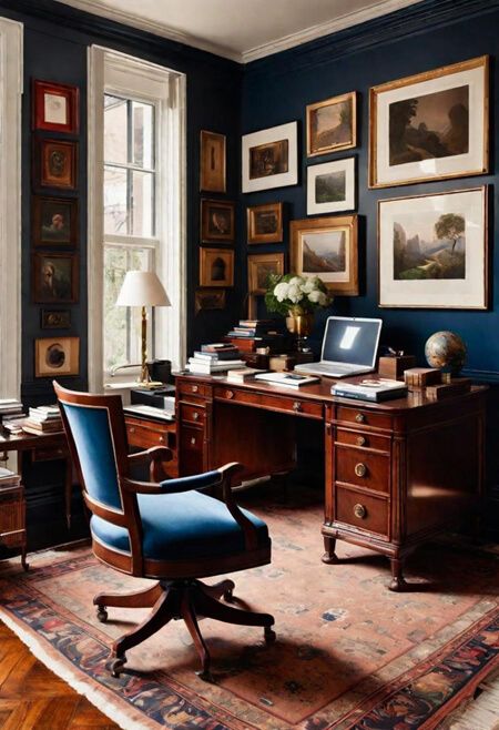 Antique Desk In Living Room, Traditional Office Desk, Antique Home Office Ideas, Blue Masculine Office, Cottage Study Room, Architectural Digest Office, Dark Blue Office Walls, Blue Study Room, Dark Navy Office