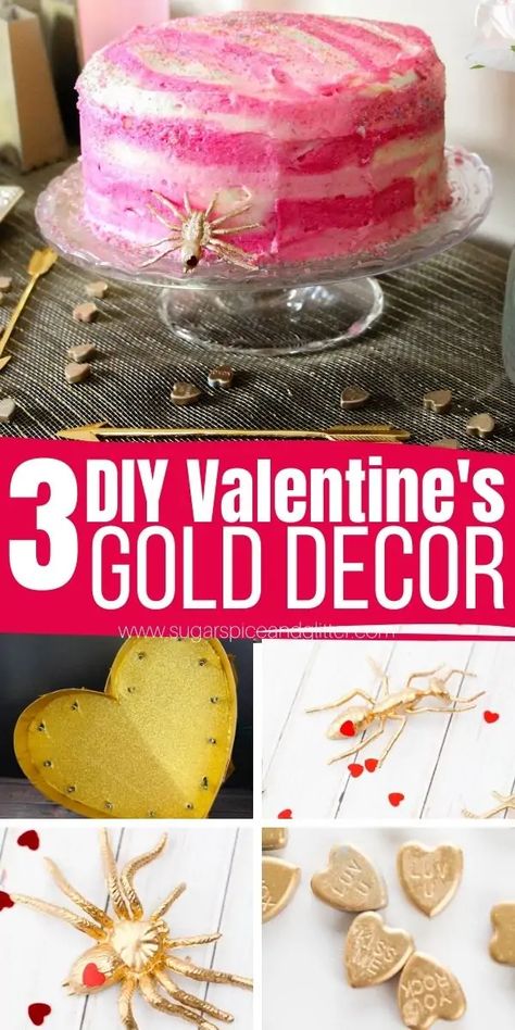 Gold Valentines Day Decor, Gold Decor Ideas, Diy Gold Decor, Vase Filler Ideas, Glitter Spray Paint, Scissors Crafts, Diy Gold, Conversation Heart, Marquee Sign