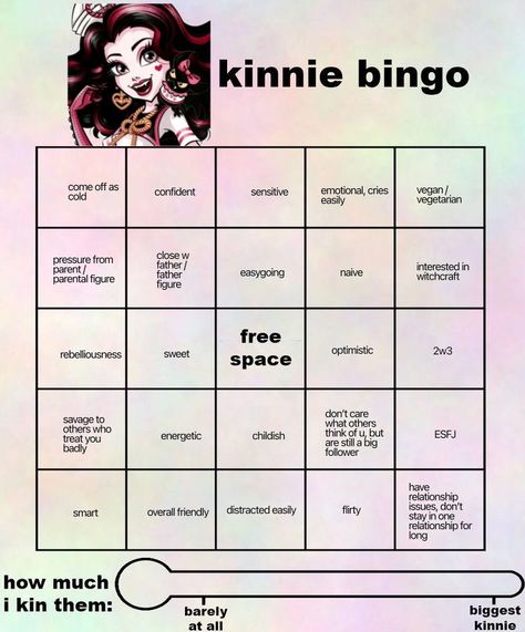 Draculaura Kinnie Bingo, Monster High Doll Checklist, Monster High Kinnie Bingo, Danganronpa Bingo Kin, Where To Watch Monster High, Monster High Movies In Order, Bingo Sheets, Bingo Template, First Relationship