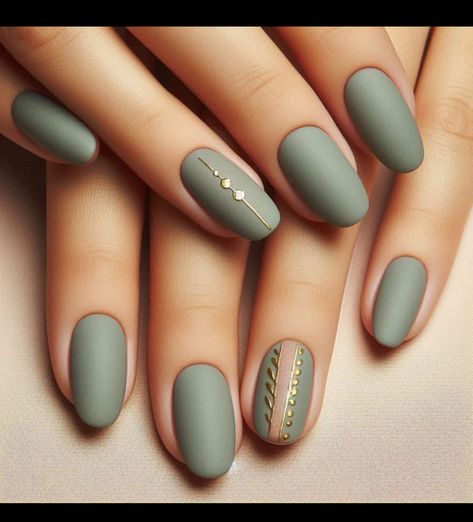 Green Dot Nails, Muted Green Nails, Neutral Green Nails, Green Matte Nails, Army Green Nails, Green Nails With Gold, Nails With Gold, Neutral Green, Green Nail Art