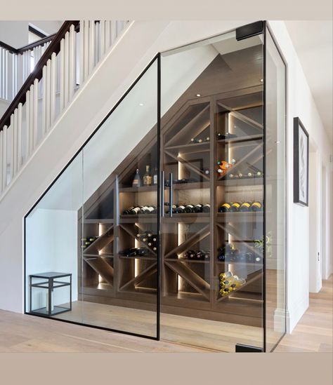 Under Stairs Wine Cellar, Wine Room Design, Wine Cellar Basement, Glass Wine Cellar, Stairs In Kitchen, Wine Closet, Home Bar Rooms, Stairs Design Interior, Home Wine Cellars