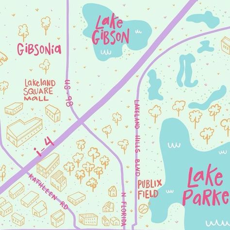 Leida | Illustration on Instagram: "A rather simple map of Lakeland. I may come back and revisit this one at some point.  #illustratedmaps #map #lakeland #lakelandflorida #illustration #lklnd" Illustrated Map Design, Simple Map Design, Festival Map, Illustrated Maps, Lakeland Florida, Map Illustration, Holiday Guide, March 8, Illustrated Map