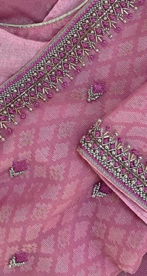 Zardosi And Thread Work Blouse, Pink Blouse Designs For Saree Maggam Work, Maggam Work Simple Designs, Pearl Maggam Work, Beads Work On Blouse, Magam Work Designs, Aari Design, Latest Blouse Designs Pattern, Maggam Work Designs