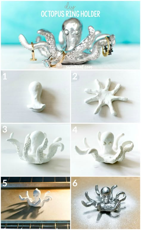 DIY Octopus Ring Holder by Jenny Bess of Sweet Teal | Budget Friendly Gift Idea | Clay Project | Jewelry Holder Octopus Ring Holder, Diy Octopus, Ring Holder Diy, Octopus Ring, Vintage Jewelry Diy, Diy Jewelry Holder, Ring Holders, Budget Friendly Gift, Tanah Liat