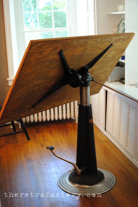 NIke Drafting Table - Long Foot Lever: Up/Down - Small Foot Lever: Rotate - Hand Lever: Tilt Drafting Desks, Writing Platforms, Drafting Table Desk, Industrial Drafting Tables, Vintage Drafting Table, Drawing Stand, Architect Table, Drafting Tables, Wood Easel