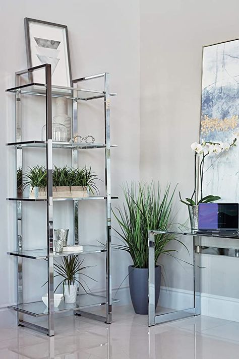 AmazonSmile: Coaster Home Furnishings Hartford Glass Shelf Bookcase Chrome Open Shelves, Silver: Furniture & Decor Glass Display Unit, Glass Bookshelves, Contemporary Bookcase, 5 Shelf Bookcase, Living Room Home Office, Display Photos, Modern Bookcase, Tempered Glass Shelves, Shelf Bookcase