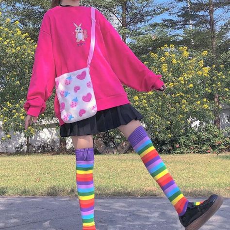 Rainbow Socks Outfit, Rainbow Thigh High Socks, Succubus Oc, Thigh High Socks Outfit, High Socks Outfits, Socks Outfit, Rainbow Socks, Sock Outfits, Thigh High Socks