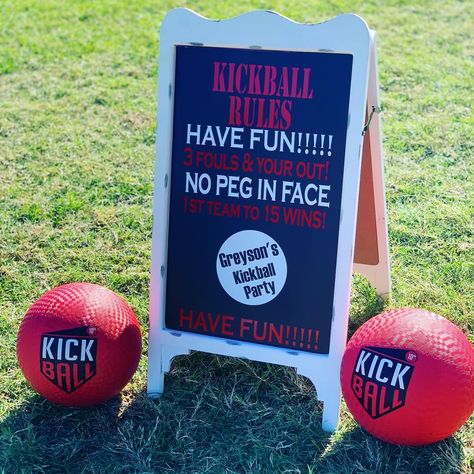 Fun kids kickball Party 8 Yo Birthday Party Ideas, Kickball Party Decorations, Kickball Party Ideas For Adults, Kickball Party Ideas Birthdays, Kickball Tournament Fundraiser, Kickball Tournament Ideas, Kickball Birthday Party Ideas, Take Me Out Two The Ball Game Party, Kickball Birthday Party