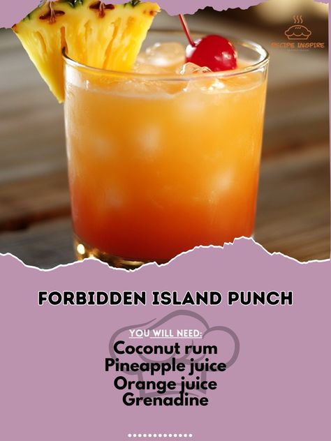 🌴🍹 Escape to the unknown with Forbidden Island Punch—a tropical blend that’s too good to keep secret! 🍍✨ #ForbiddenPunch #IslandEscape Forbidden Island Punch Ingredients: Coconut rum (2 oz) Pineapple juice (2 oz) Orange juice (1 oz) Grenadine (1/2 oz) Ice (as needed) Pineapple slice (for garnish) Maraschino cherry (for garnish) Instructions: In a shaker, combine coconut rum, pineapple juice, orange juice, and grenadine with ice. Shake well and strain into a glass filled with ice. Garnish ... Rum Soaked Pineapple, Coconut Rum Drinks Recipes, Rum Punch Drink, Alcohol Punch, Autumn Beverages, Coconut Rum Drinks, Rum Drinks Recipes, Alcoholic Treats, Peach Drinks