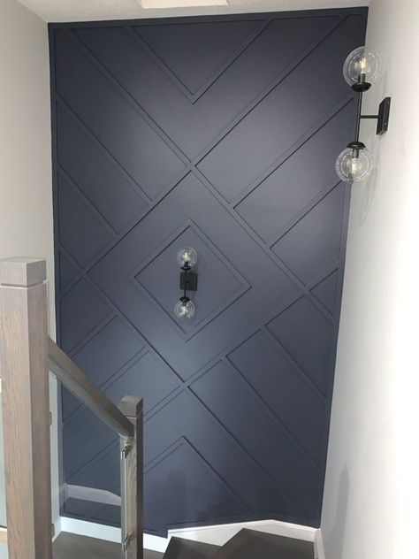 Custom Feature Wall, Stairwell Feature Wall Ideas, Geometric Accent Wall Stairwell, Stairway Feature Wall Ideas, Accent Wall In Stairway, 2 Story Focal Wall Ideas, Large Stairwell Wall Decor, Stairwell Feature Wall, Stairway Feature Wall