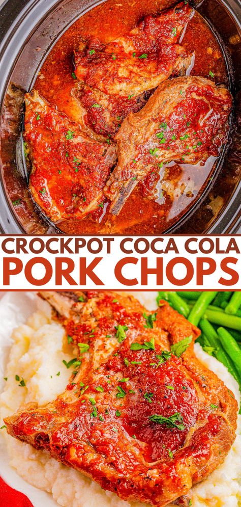 Crockpot Coca Cola Pork Chops - 🐷❤️🎉 This is the EASIEST recipe for juicy and tender pork chops that have a savory-yet-sweet flavor profile. That's because they slow cook in a sauce made with just a handful of common ingredients including some Coke that keeps the pork chops super moist! Set-it-and-forget-it with this family favorite pork chop recipe!'s because they slow cook in a sauce made with just a handful of common ingredients including some Coke that keeps the pork chops super moist! Set Easy Dinner Recipes Pork, Tender Pork Chops, Pork Chop Recipe, Pork Recipes For Dinner, Easy Pork Chops, Easy Pork Chop Recipes, Crockpot Pork Chops, Averie Cooks, Cheap Meal Ideas