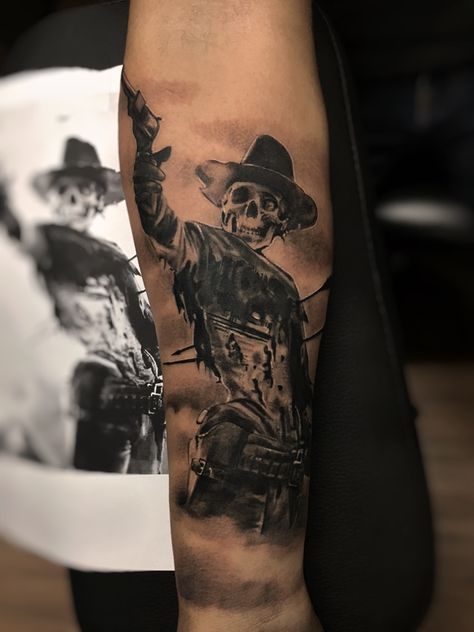 Men’s Arm Sleeve Tattoo Western, Black And Grey Cowboy Tattoo, Tattoo Ideas For Men Hand Full Sleeves, Undead Cowboy Tattoo, Western Desert Tattoo Sleeve, Shoulder Filler Tattoo Men, Business Casual Tattoos, Texas Style Tattoos For Men, Hillbilly Tattoo Ideas