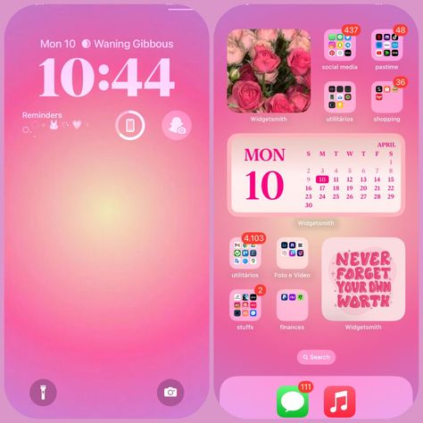 Ios 17 Home Screen Ideas, Pink Iphone Theme, Home Screen Ideas Iphone, Pink Homescreen Layout, App Design Iphone, Pink Homescreen, Phone Apps Iphone, Organize Phone Apps, Ios App Iphone