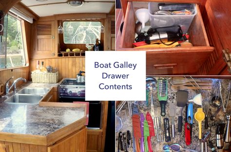 The Boat Galley Drawer Organization. How do you store gear and gadgets in a boat galley? How to organize a small boat galley. Check out the contents of our boat galley drawers. Tiny living kitchen organization. Tiny house kitchen organizing. Boat Galley Organization, Small Kitchen Drawer Organization, Boat Remodel, Small Houseboats, Boat Organization, Boat Galley, Sailboat Interior, Under Kitchen Sink Organization, Boat Interiors